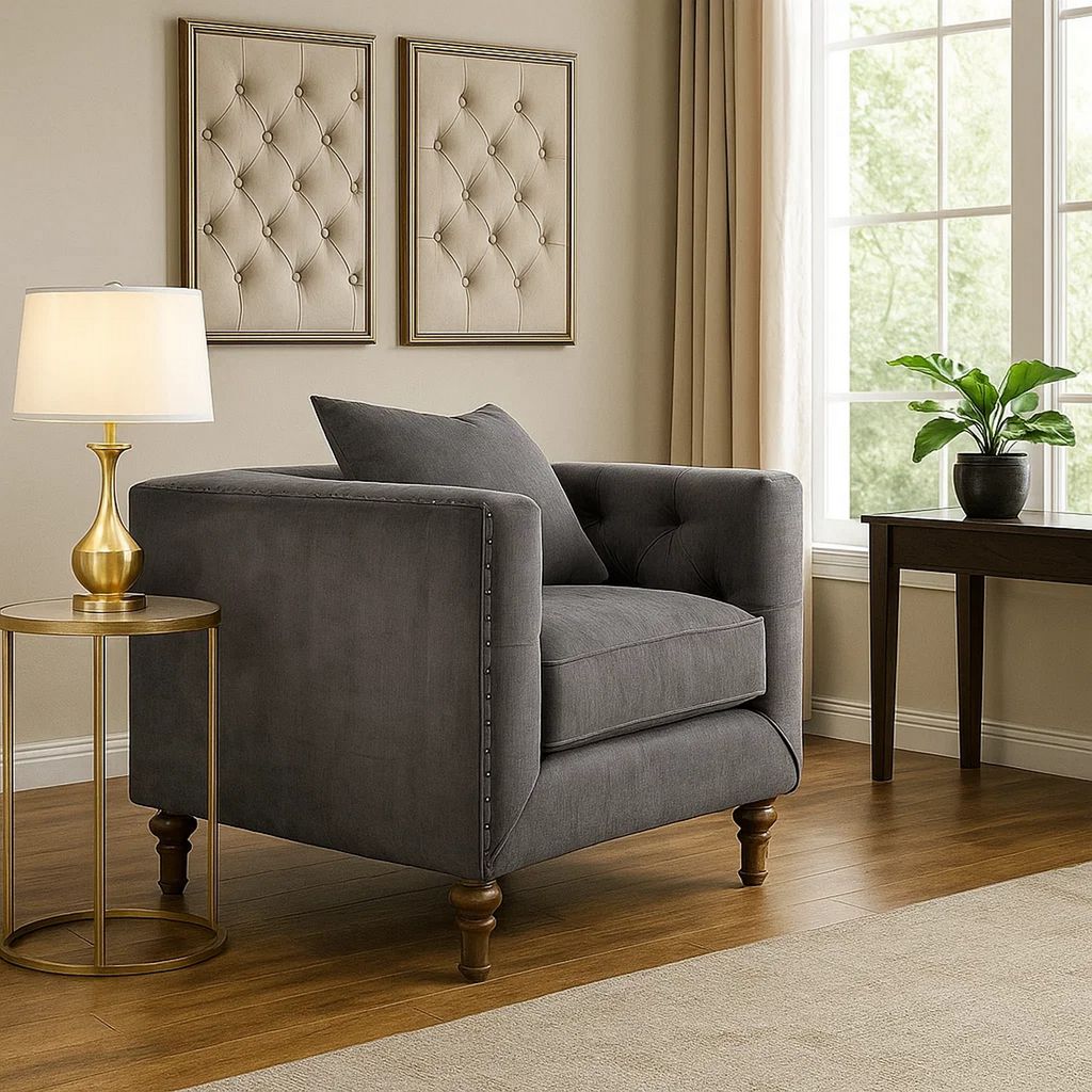 Fabric Upholstered Wooden Sofa Chair with Nail Head Trim, Gray - View 7