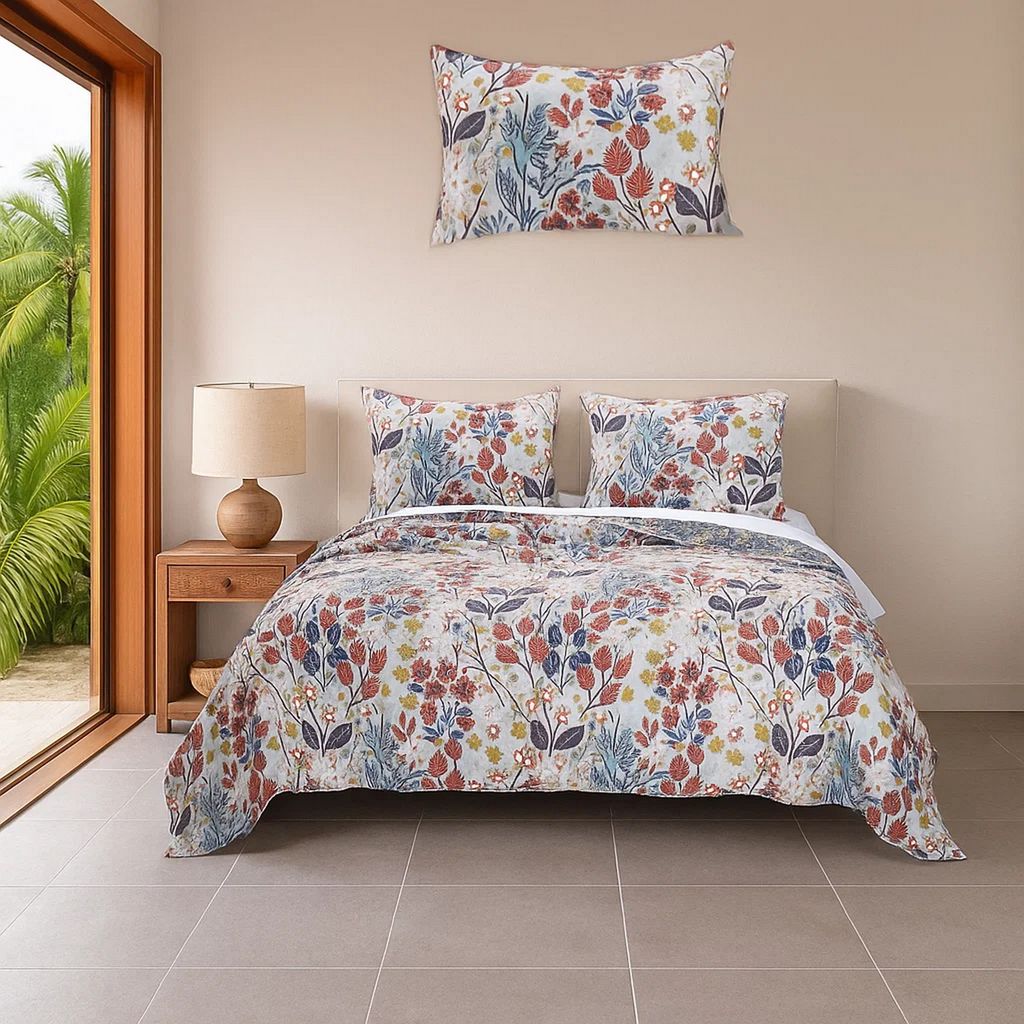 King Size 3 Piece Polyester Quilt Set with Floral Prints, Multicolor - View 7