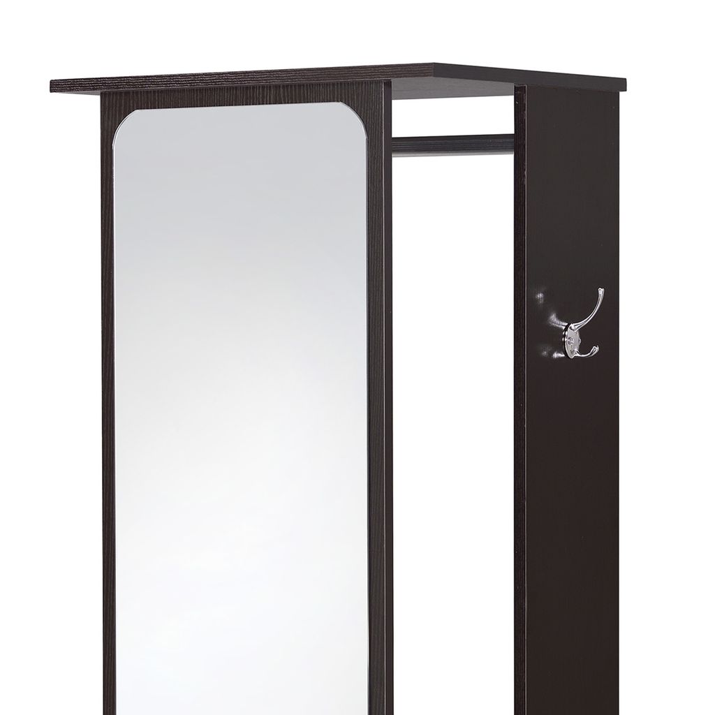 Mirror and Wood Hall Tree with Hanging Rod and Casters, Brown and Silver - View 3