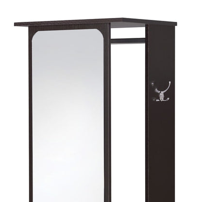 Mirror and Wood Hall Tree with Hanging Rod and Casters, Brown and Silver - View 3