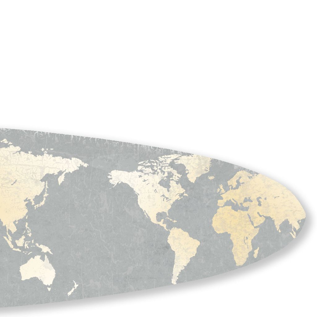 Wooden Surfboard Wall Art with World Map Print, Gray and White - View 3