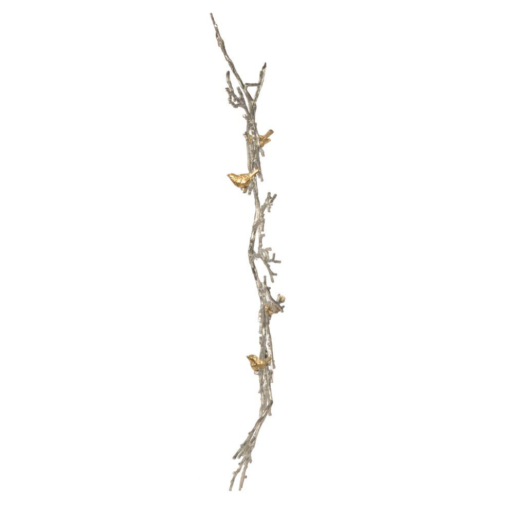 Branch Shape Aluminum Wall Decor with Gold Accented Four Birds, Silver - View 3