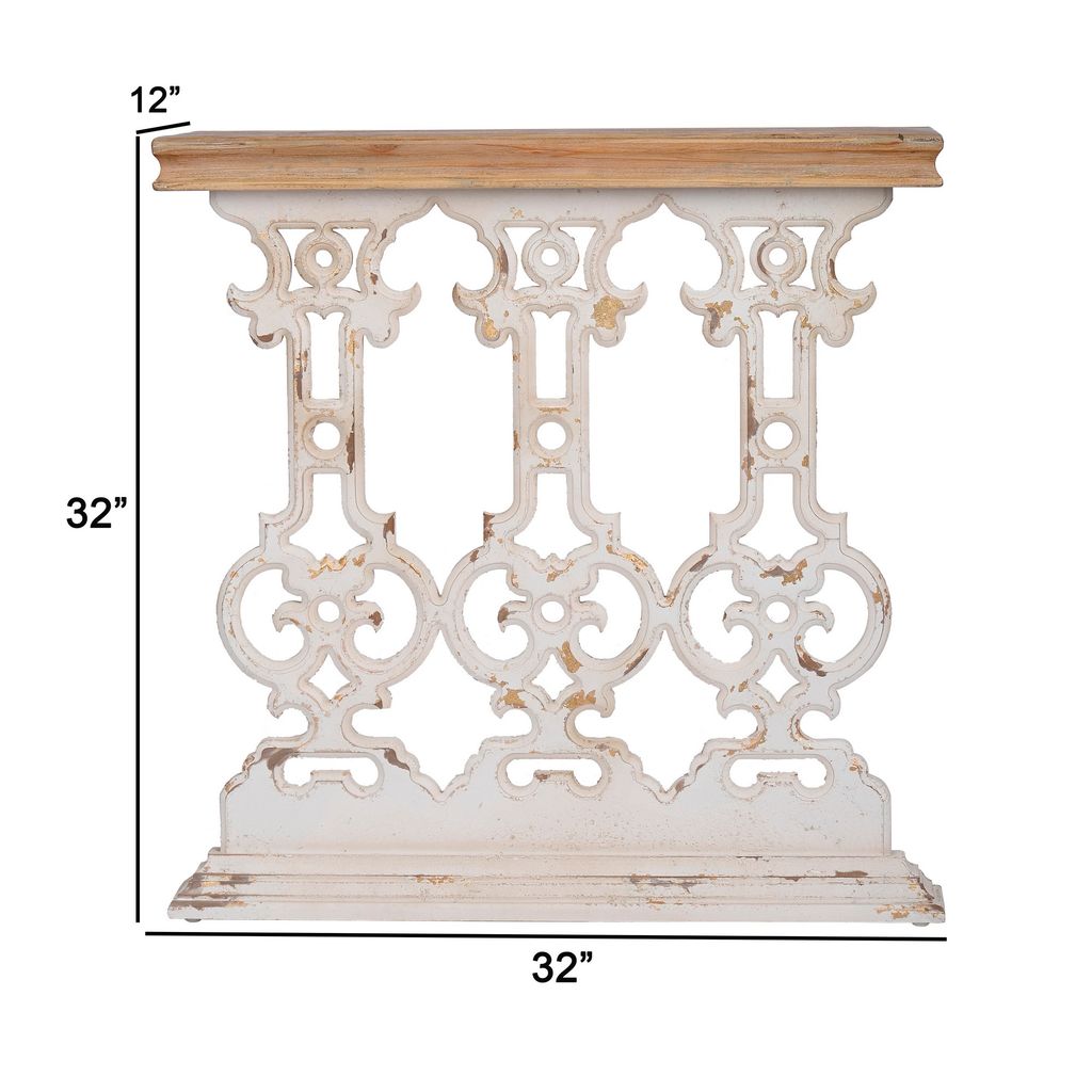 32 Inch Console Table, Fir Wood, Traditional, Scrollwork, Antique White - View 5