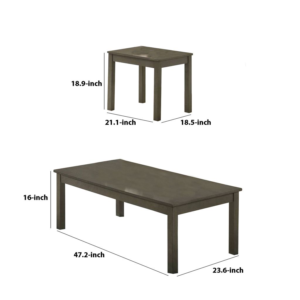 3 Piece Transitional Coffee Table and End Table with Block Legs, Gray - View 5