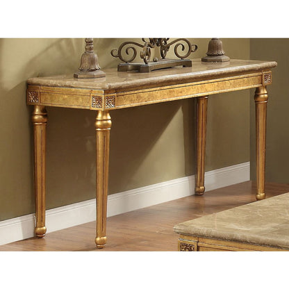 Marble Top Sofa Table With Fluted Detail Wooden Turned Legs, Gold