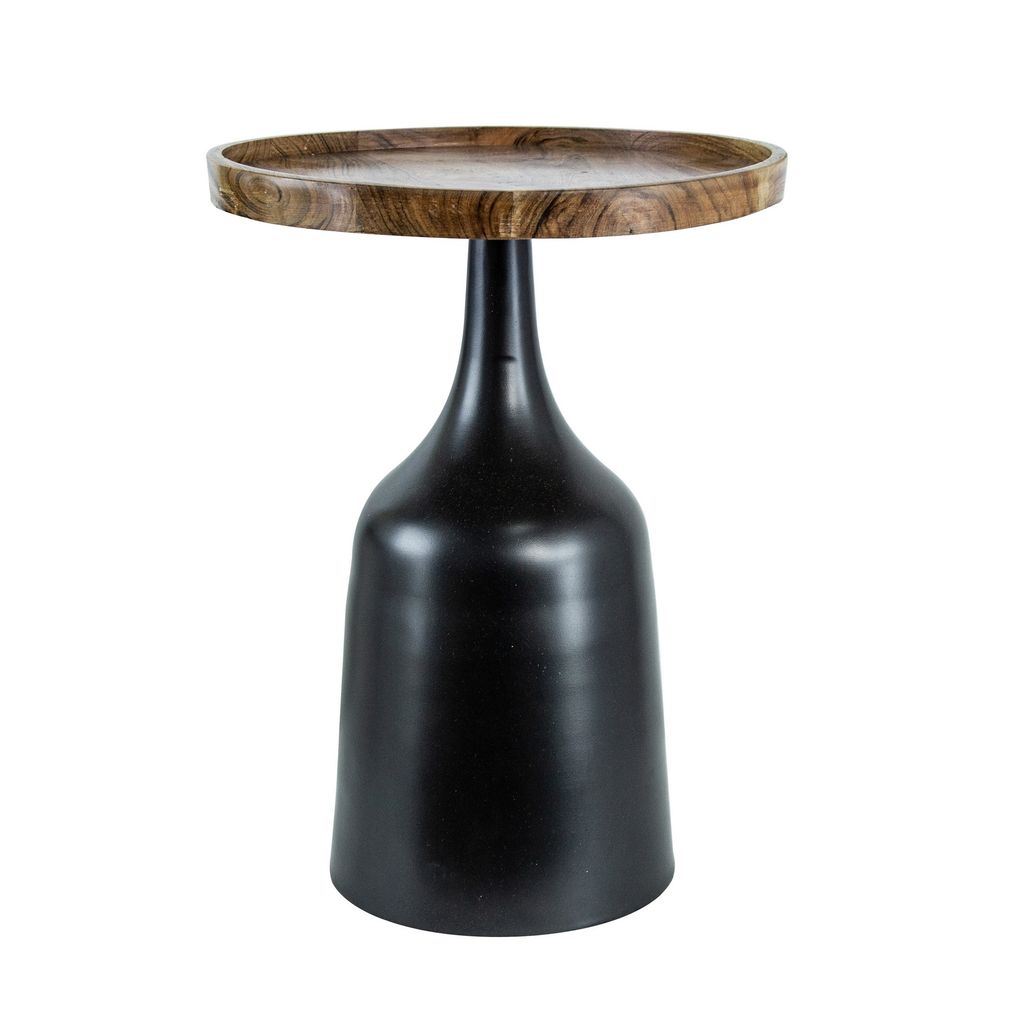 20, 17 Inch Side Table, Acacia Wood, Flared Pedestal Base, Aluminum, Black - View 2