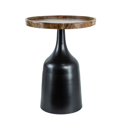 20, 17 Inch Side Table, Acacia Wood, Flared Pedestal Base, Aluminum, Black - View 2