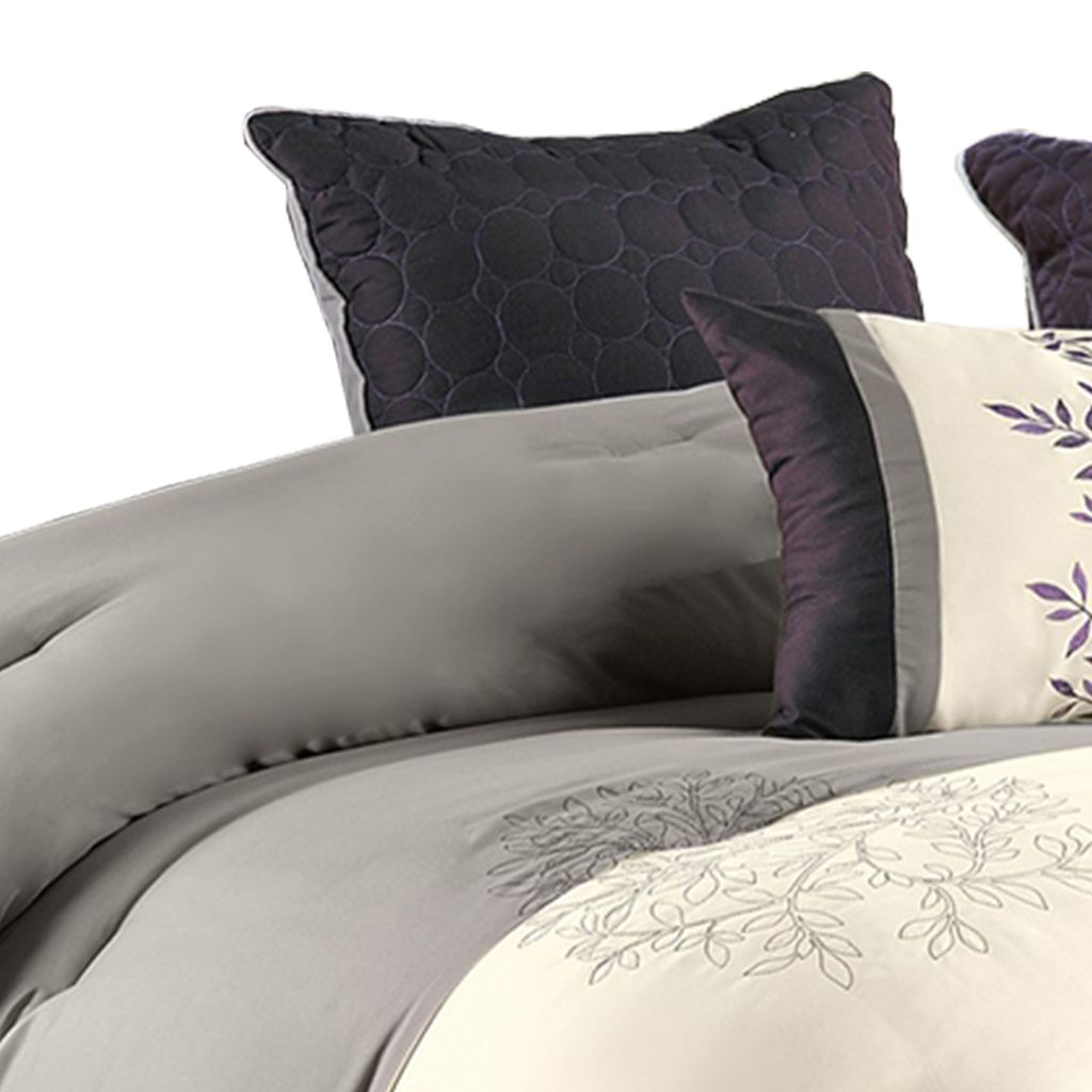 7 Piece Queen Polyester Comforter Set with Leaf Embroidery, Gray and Purple - View 3