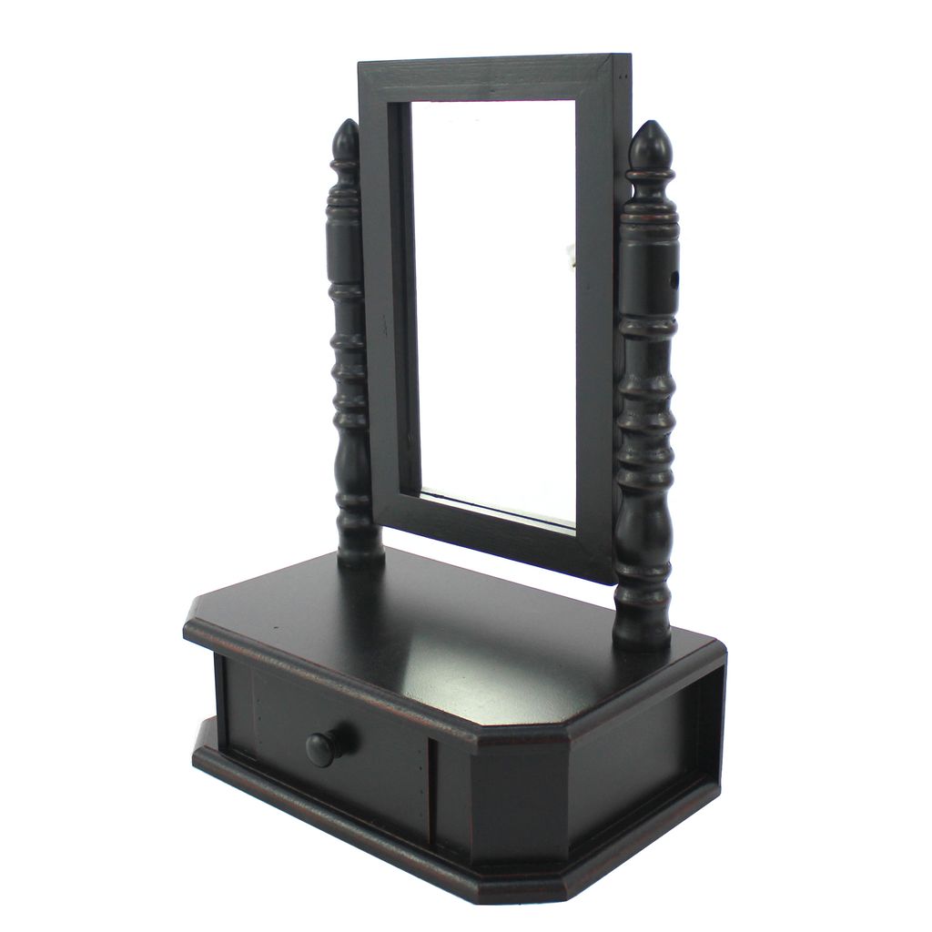 Traditional Wooden Table Mirror with 1 Drawer, Black and Silver, Set of 2 