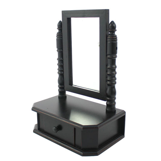 Traditional Wooden Table Mirror with 1 Drawer, Black and Silver, Set of 2 