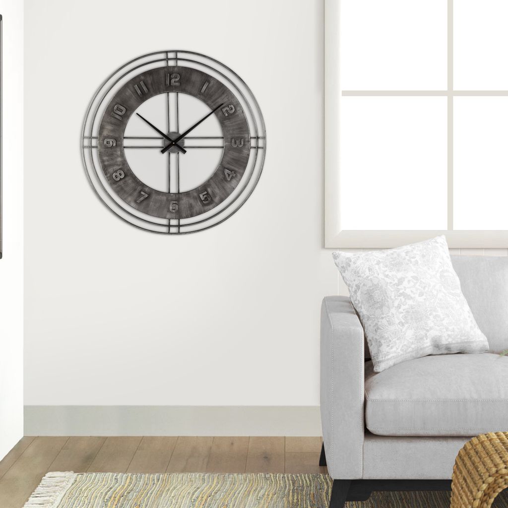 Industrial Round Metal Wall Clock with Roman Numerals, Gray - View 6