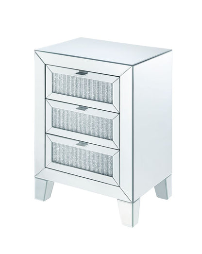 Contemporary Style Wooden Mirrored Night Table with 3 Drawers, Silver