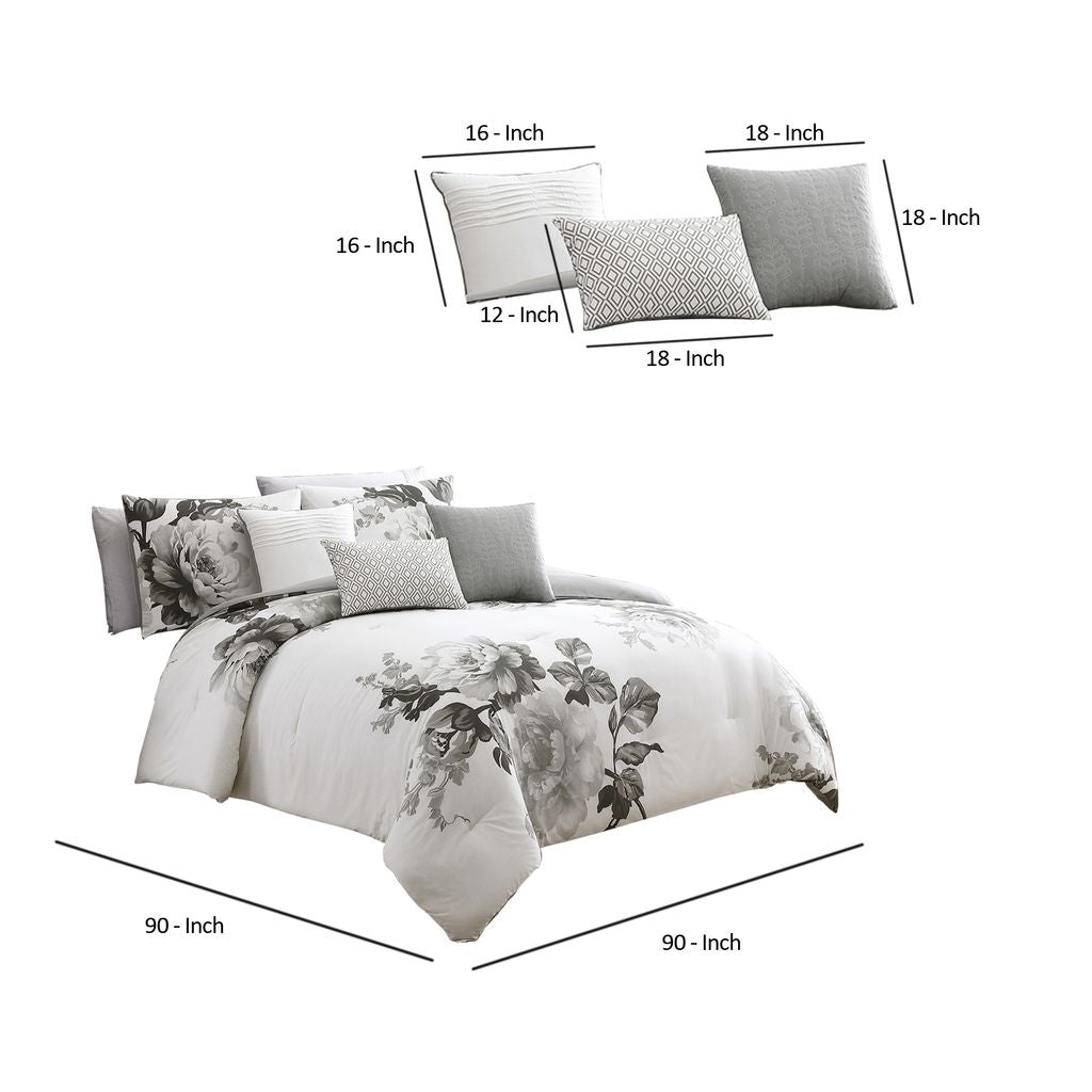 7 Piece Cotton Queen Comforter Set with Floral Print, Gray and White - View 6