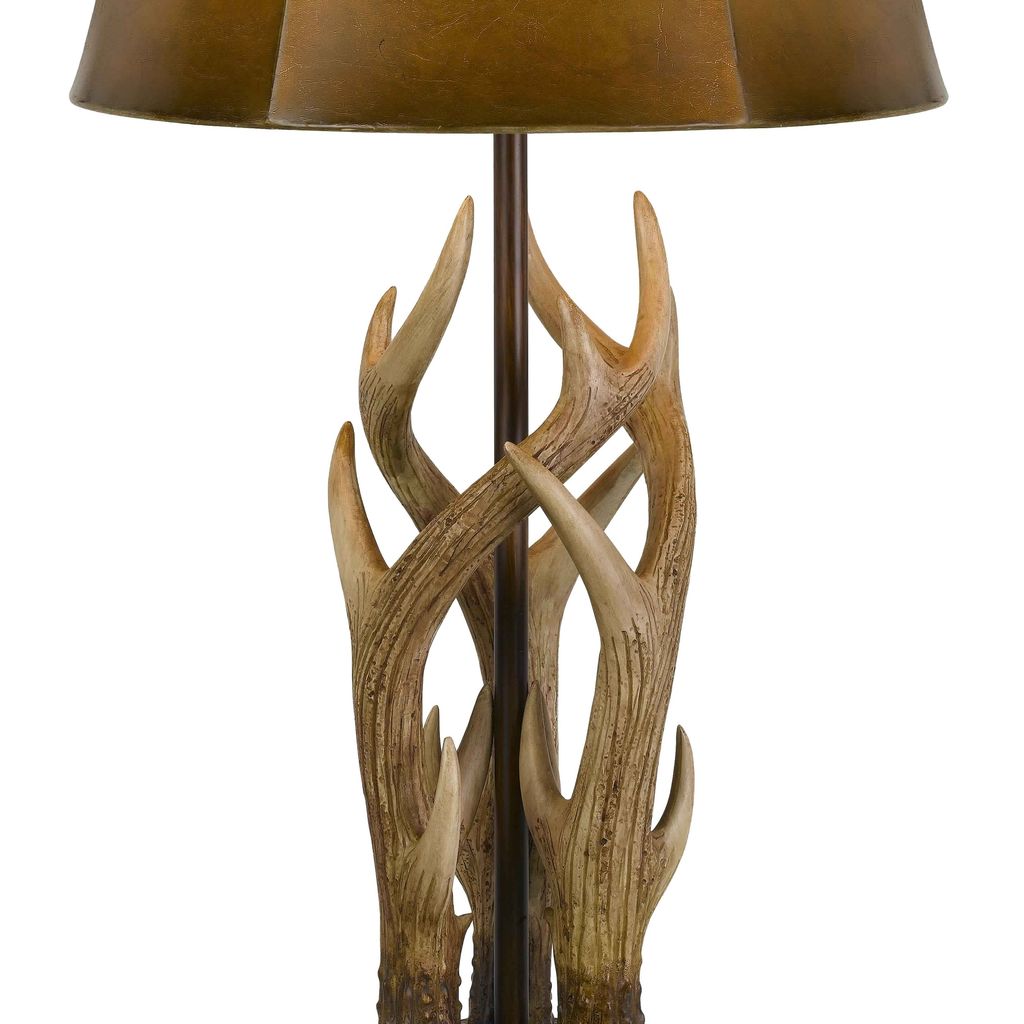 150 Watt Leatherette Shade Table Lamp with Antler Polyresin Base, Brown - View 3