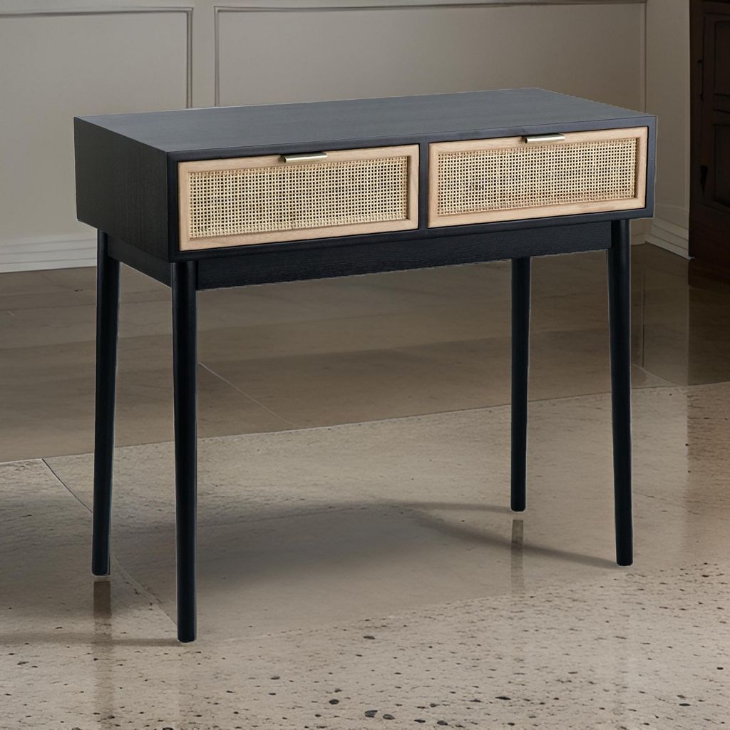 Ela 35 Inch 2 Drawer Wood Console Table, Woven Rattan Panels, Brown, Black - View 7