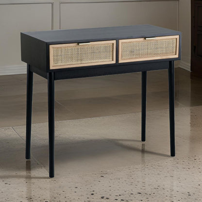Ela 35 Inch 2 Drawer Wood Console Table, Woven Rattan Panels, Brown, Black - View 7