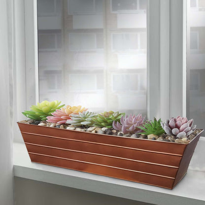 Rectangular Metal Flower Planter Box with Embossed Line Design, Large, Copper - View 7