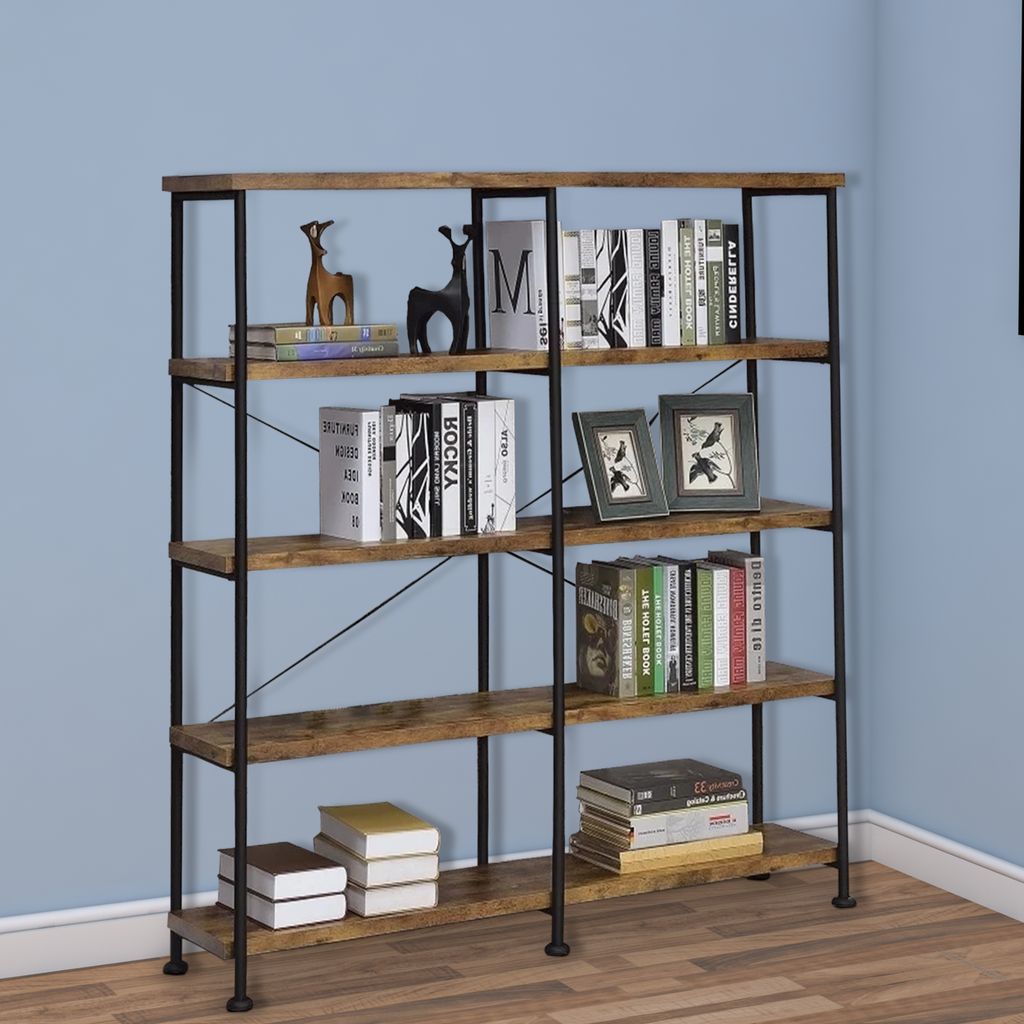 Olga 63 Inch Industrial 4 Tier Shelf Bookshelf, Particleboard, Metal Frame, Brown, Black - View 7