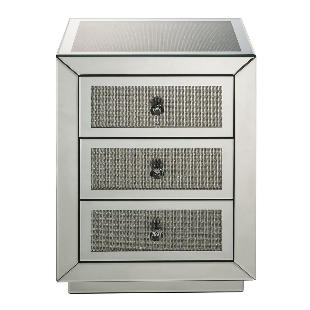 3 Drawer Mirrored Accent Table with Faux Diamond Inlay, Silver - View 2