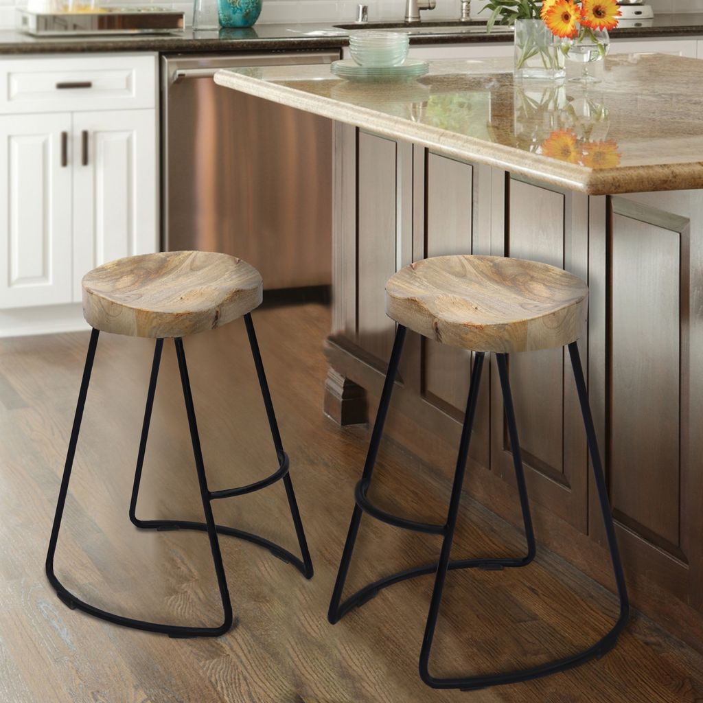 Ela 30 Inch Mango Wood Bar Stool, Saddle Seat, Iron Frame, Brown and Black - View 5