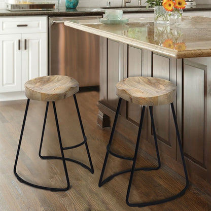 Ela 30 Inch Mango Wood Bar Stool, Saddle Seat, Iron Frame, Brown and Black - View 5