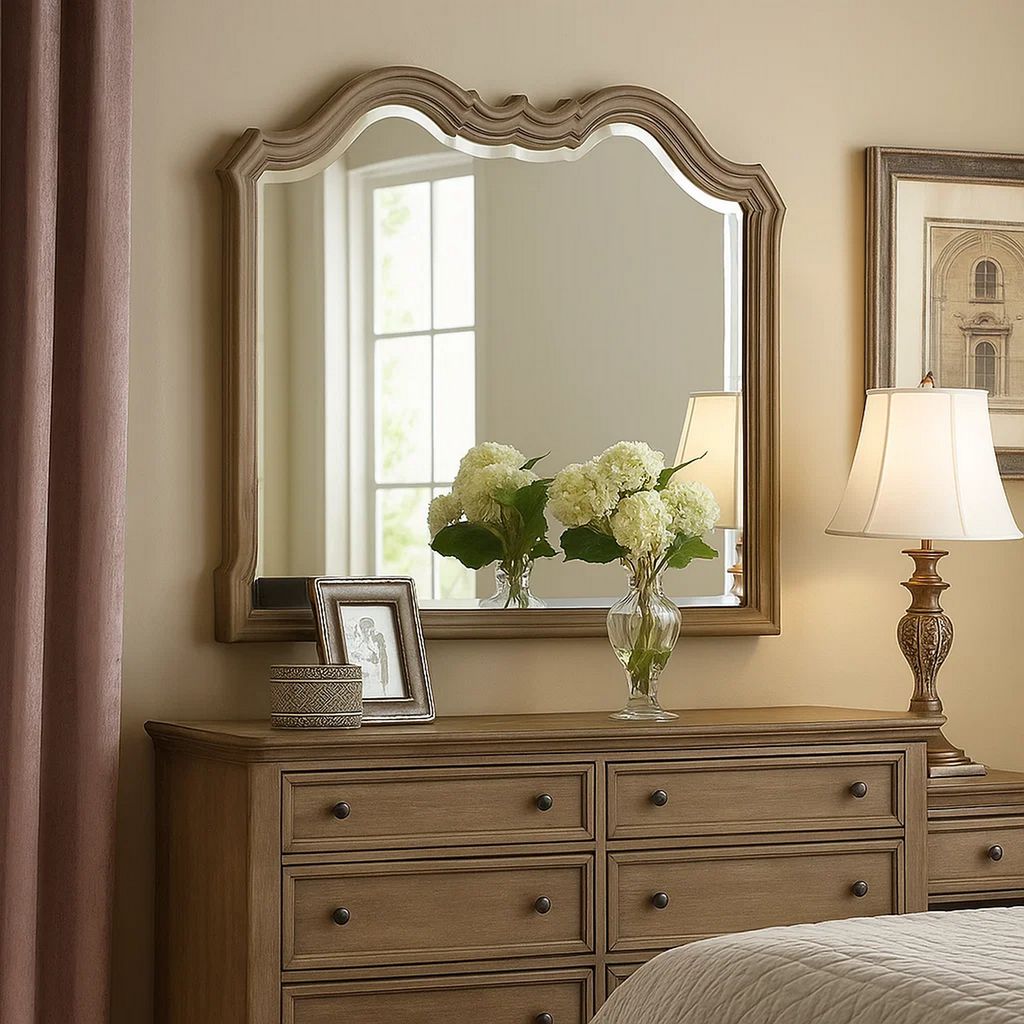 Wooden Molded Frame Mirror with Scalloped Design Top, Taupe Brown - View 7