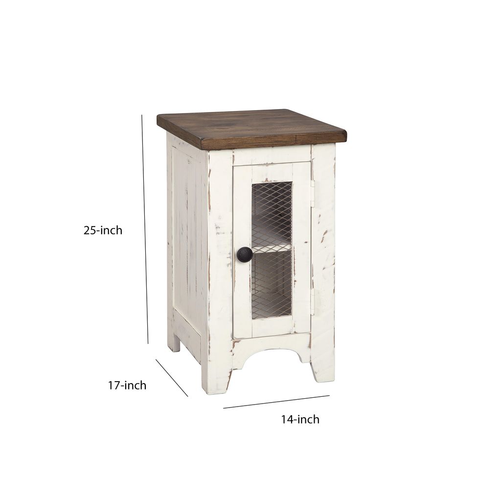 Two Tone Chair Side End Table with Wire Metal Grill Cabinet,Brown and White - View 6