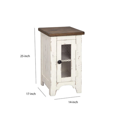 Two Tone Chair Side End Table with Wire Metal Grill Cabinet,Brown and White - View 6