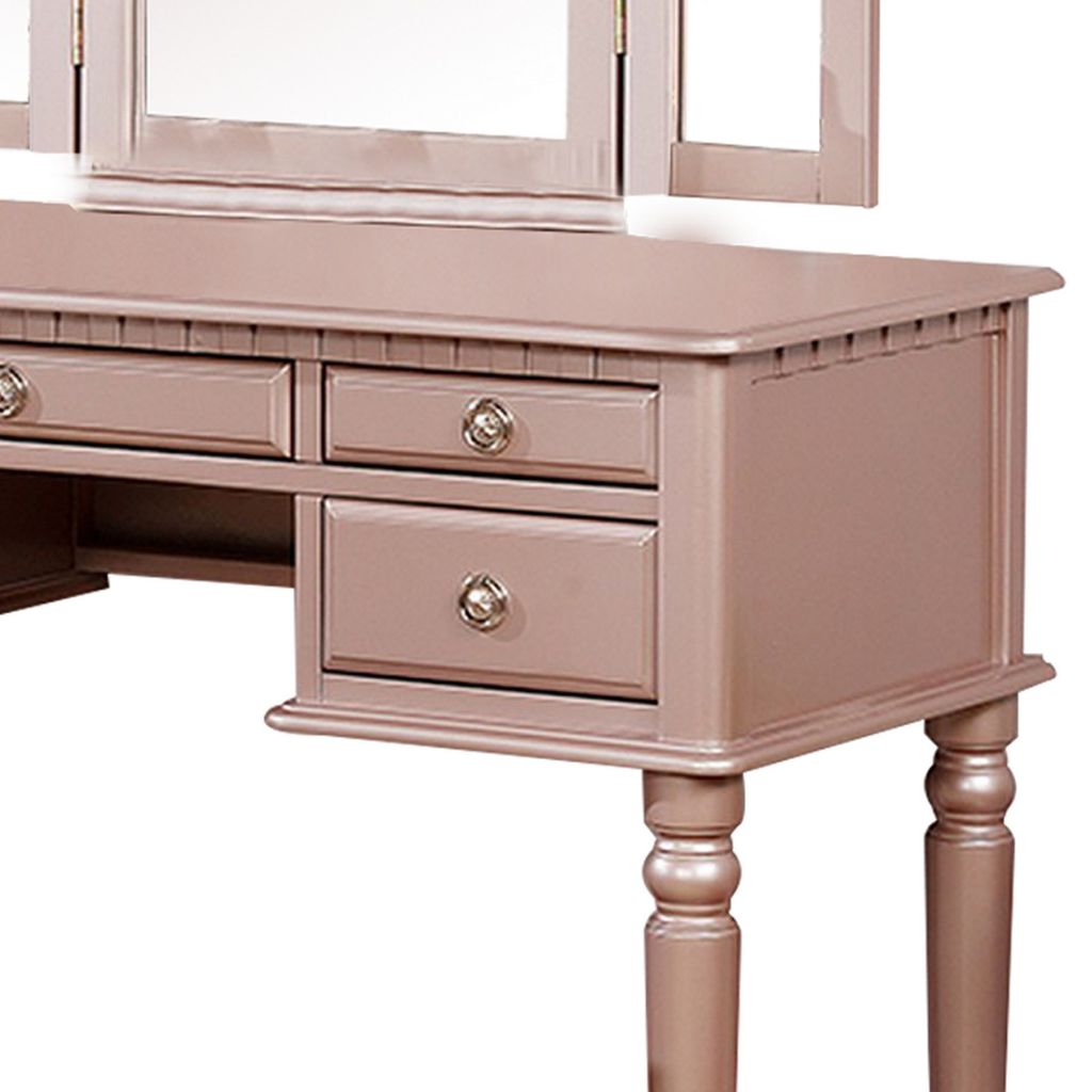 Vanity Set with Turned Tapered Legs and Three Piece Mirror, Rose Gold - View 4