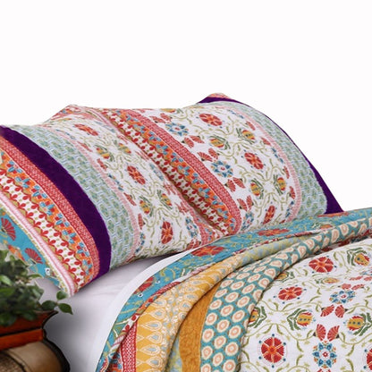 Geometric and Floral Print King Size Quilt Set with 2 Shams, Multicolor - View 2
