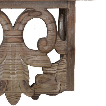 23.5 Inches Wooden Wall Shelf with Scrollwork, Small, Brown - View 5