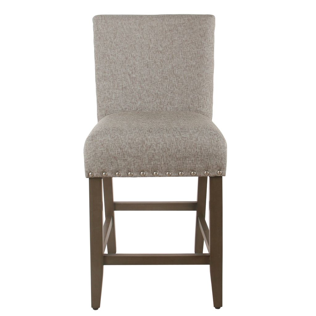 Fabric Upholstered Wooden Counter Stool with Striking Nail head Trims, Gray and Brown - View 3