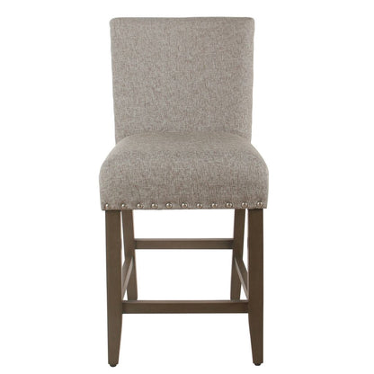 Fabric Upholstered Wooden Counter Stool with Striking Nail head Trims, Gray and Brown - View 3