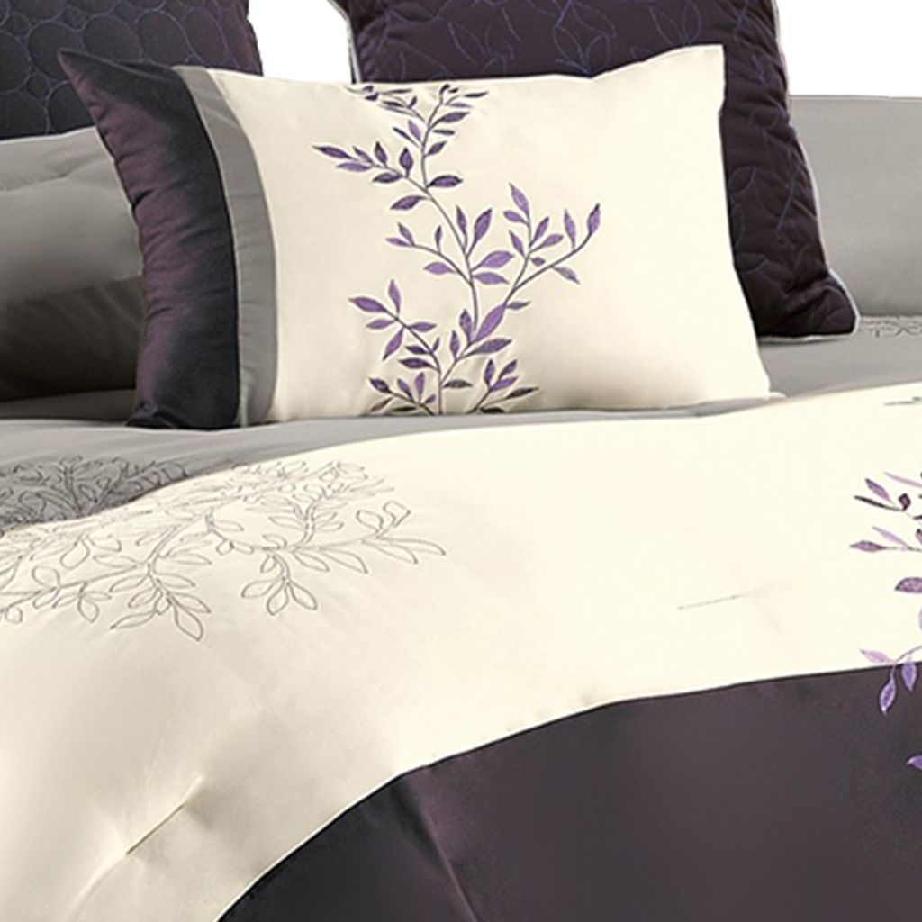 7 Piece Queen Polyester Comforter Set with Leaf Embroidery, Gray and Purple - View 2