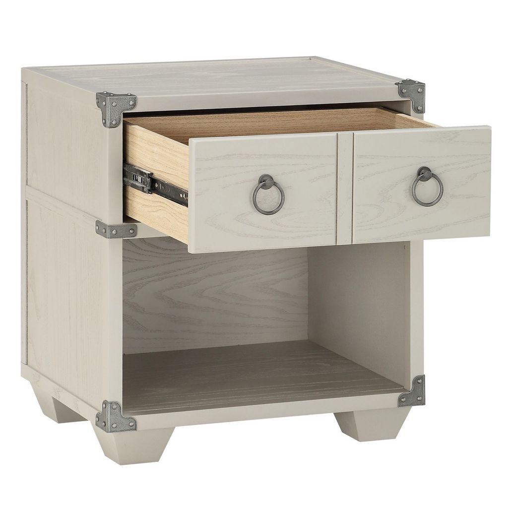 Two Drawer Wooden Nightstand with Metal Ring Pulls, Gray - View 4