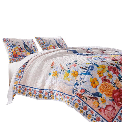 Tess Microfiber 3 Piece Full Quilt Set, Peacock, Floral Print, Multicolor - View 3