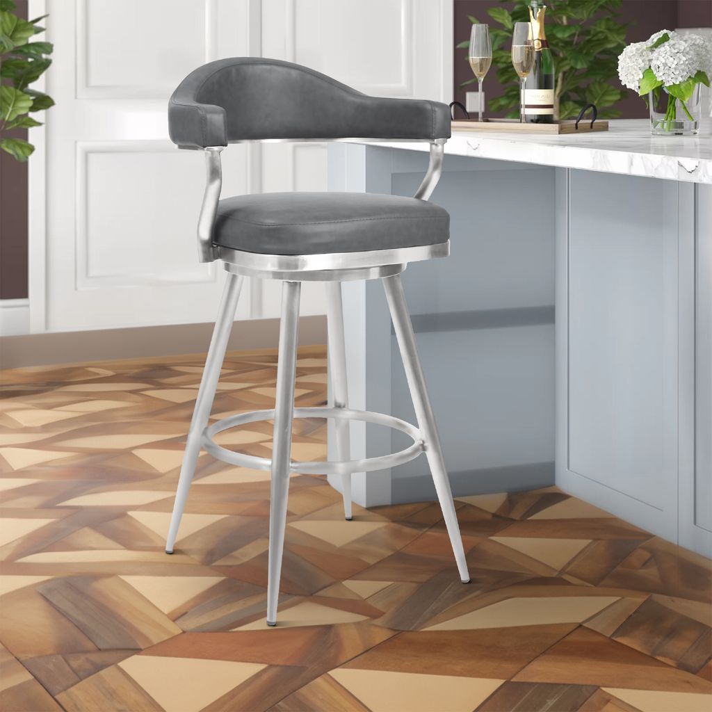 26 Inch Vegan Faux Leather Metal Counter Stool, Gray, Silver - View 7