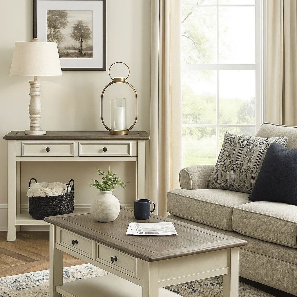 Sofa Table With Plank Style Top and 2 Gliding Drawers, Brown and White - View 7
