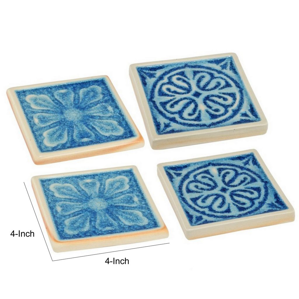 Square Shaped Ceramic Coaster with Intricate Detail, Blue and Cream, Set of Four - View 6