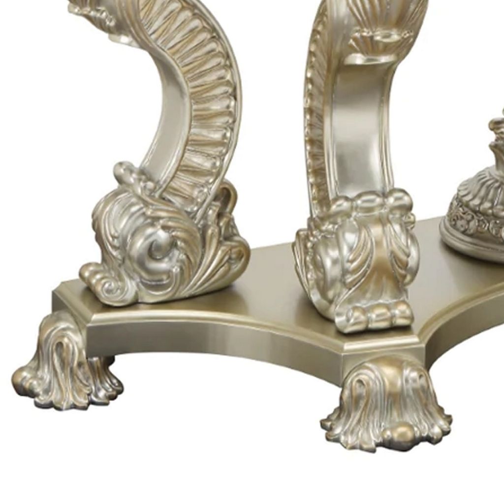 Esen 67 Inch Crescent Sofa Table Sideboard Console, Carvings, Antique Gold - View 4