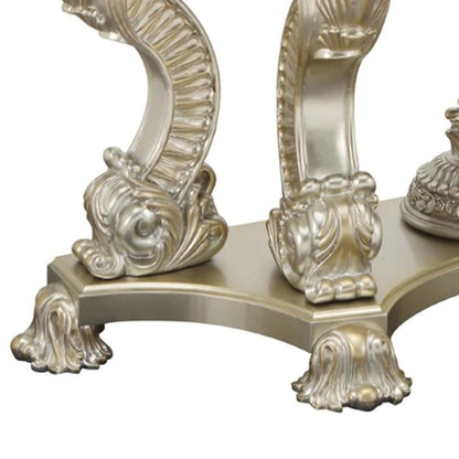 Esen 67 Inch Crescent Sofa Table Sideboard Console, Carvings, Antique Gold - View 4