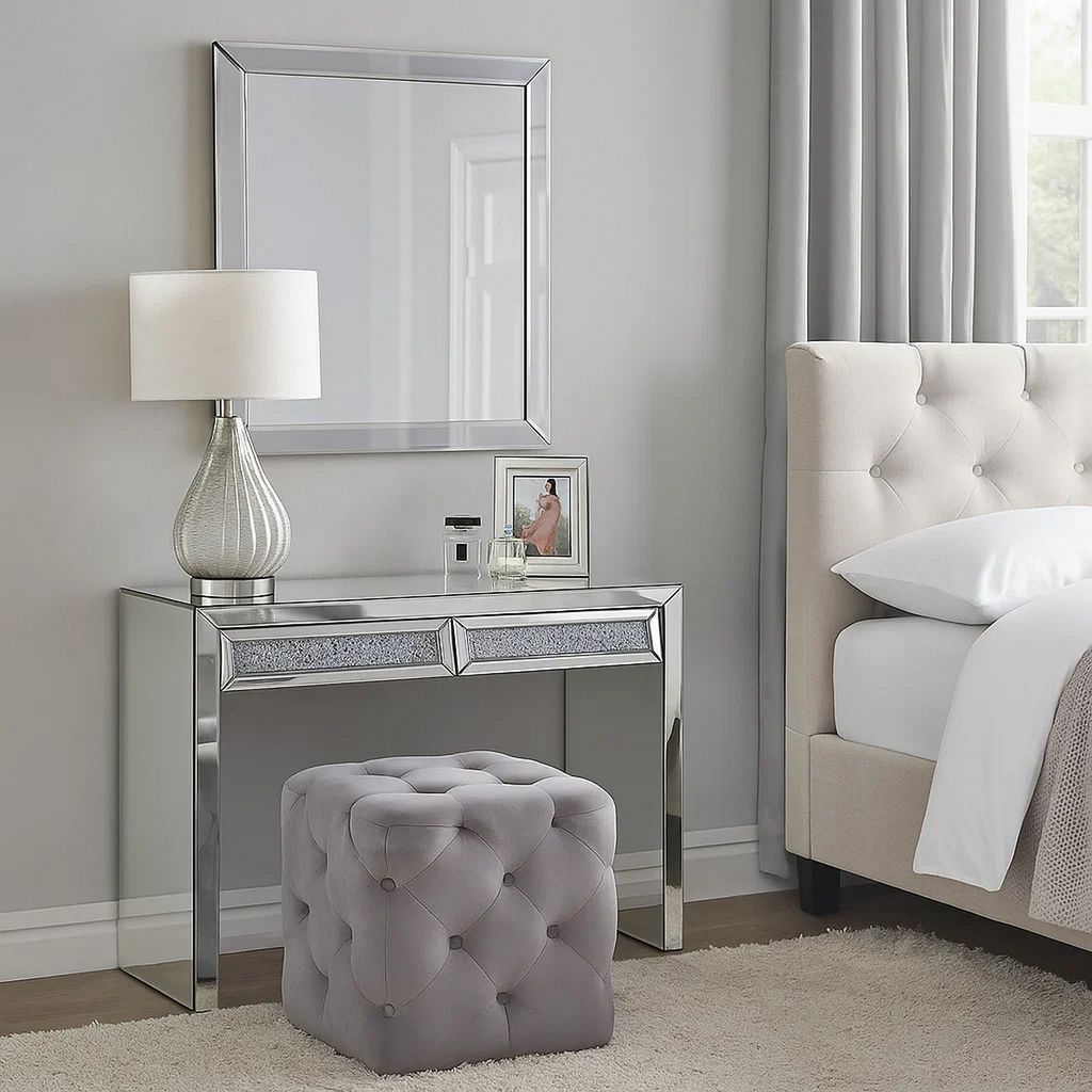 Console Table with Two Storage Drawers and Faux Diamond Inlay, Silver - View 7