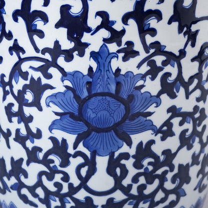 11 Inch Garden Stool, Ceramic Drum Shape, Blue, White Floral Pattern - View 4