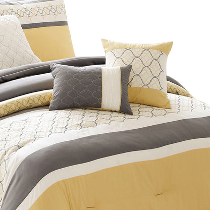 Quatrefoil Print Queen Size 7 Piece Fabric Comforter Set, Yellow and Gray - View 3
