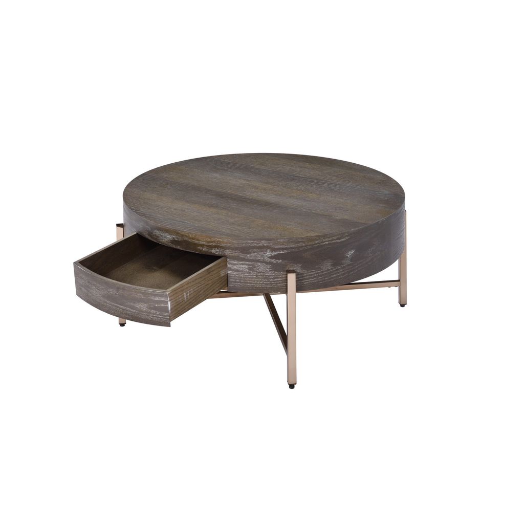 1 Drawer Round Modern Coffee Table with Crossed Metal Legs, Brown and Gold - View 3