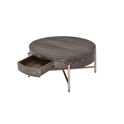 1 Drawer Round Modern Coffee Table with Crossed Metal Legs, Brown and Gold - View 3