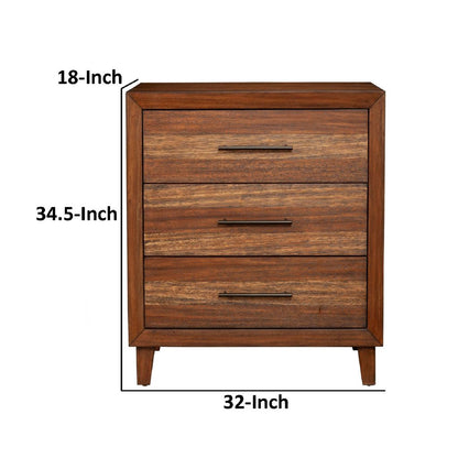 Paul 35 Inch Small Dresser Chest, 3 Drawers, Metal Bar Handles, Warm Brown - View 6