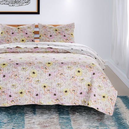 Milan 3 Piece Microfiber Blooming Flower Pattern Queen Quilt Set, White and Pink - View 6