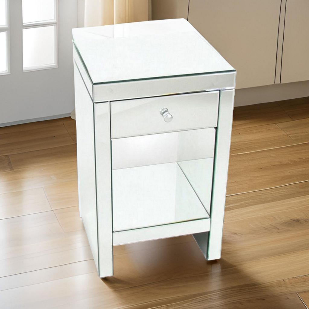 26 Inch Beveled Mirror Chest with 1 Drawer, Silver - View 7