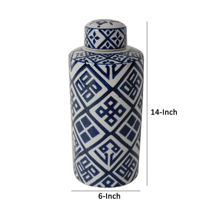 14 Inch Lidded Jar, Geometric Pattern, Cylindrical Blue and White Porcelain - View 5